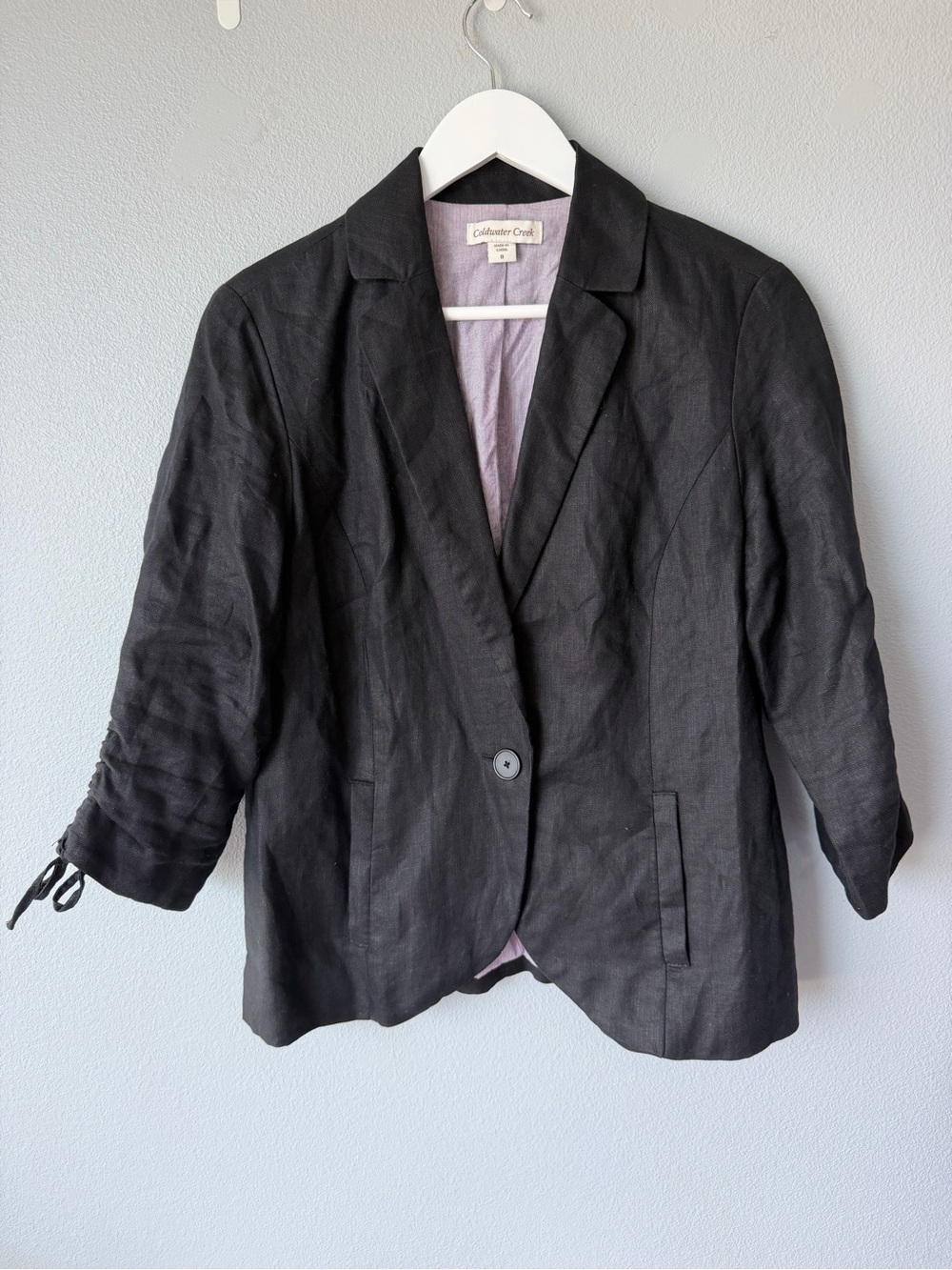 Coldwater Creek black one button 3/4 sleeve 100% linen blazer jacket Women’s 8